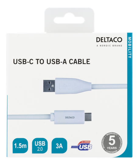 USB-C - USB-A-kaapeli, 1,5 M, 3 A, USB 2.0, Valkoinen
