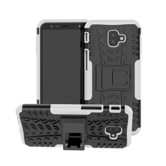 Samsung Galaxy J6 Plus (2018) hybriidi muovinen liukuestoinen takasuoja kuori jalkatuella - Valkoinen