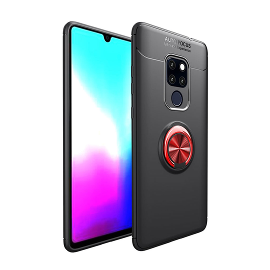 Huawei Mate 20 silikooni muovinen takasuoja kuori metalli magneetilla ja sormirenkaalla - Musta/ Punainen