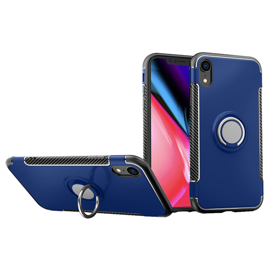 iPhone Xr Hiilikuitu harjattu hybriidi muovinen takasuoja kuori jalkatuella - Tumman Sininen