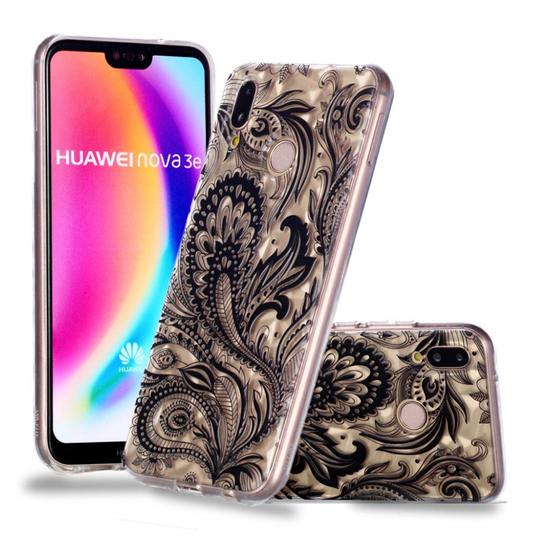 Huawei P20 Lite 3D kohotettu timantti suojakotelo - Musta Kukka kuvioitu