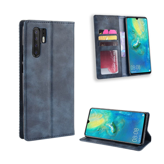 Huawei P30 Pro vintage tyylinen nahkainen flip suojakotelo - Sininen