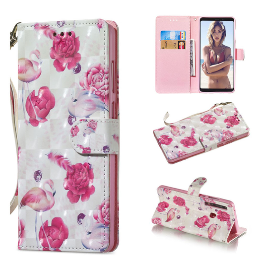 Samsung Galaxy A9 (2018) vaaleapiste nahkainen flip suojakotelo - Kukka ja Flamingo