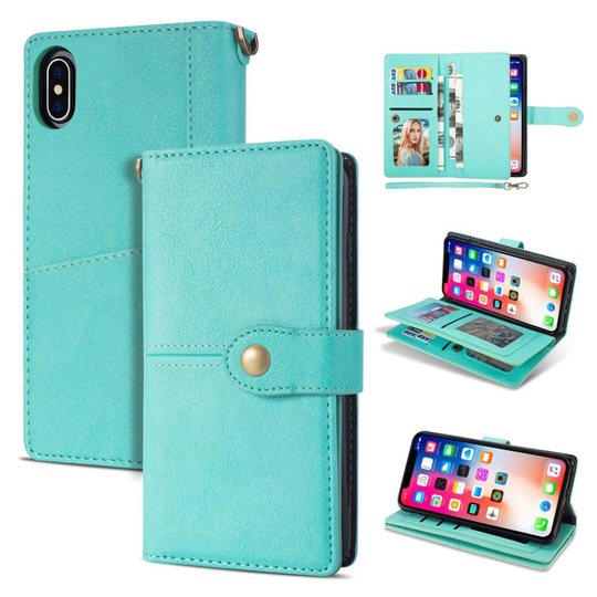 iPhone 9 Plus Retro Tyylinen Synteetti Nahkainen Lompakko Kotelo Näppäin Lukolla - Cyaani