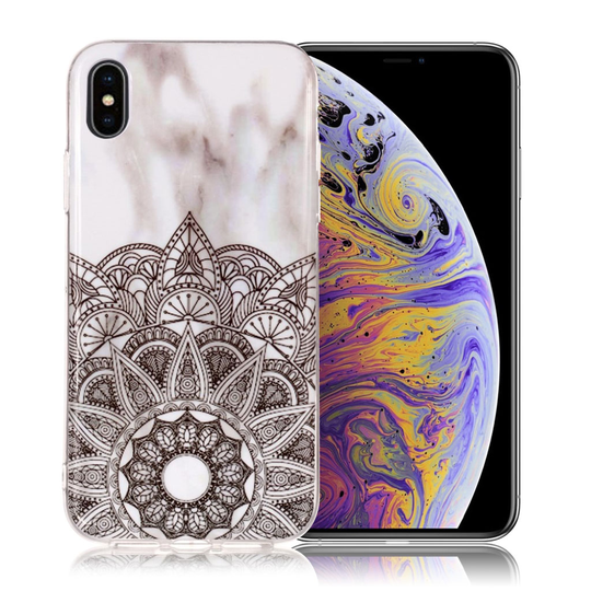iPhone Xs Max IMD Marmori Kuviollinen Muovinen Takasuoja Kuori - Valkoinen/ Mandala Kukka
