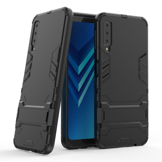 Samsung Galaxy A7 (2018) kilpikova hybriidi muovinen takasuoja kuori jalkatuella - Musta