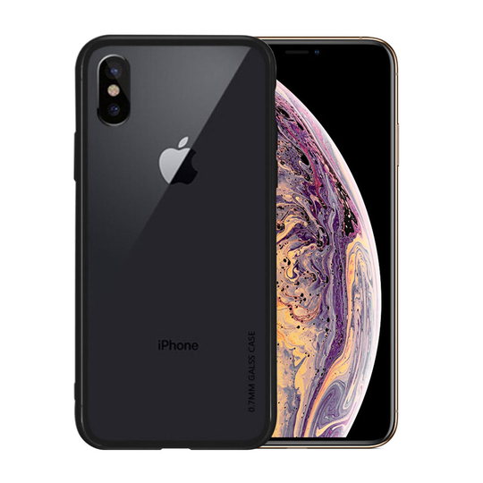 iPhone Xs Max NXE läpinäkyvä hybriidi suojakuori lasista ja silikooni muovista - Musta
