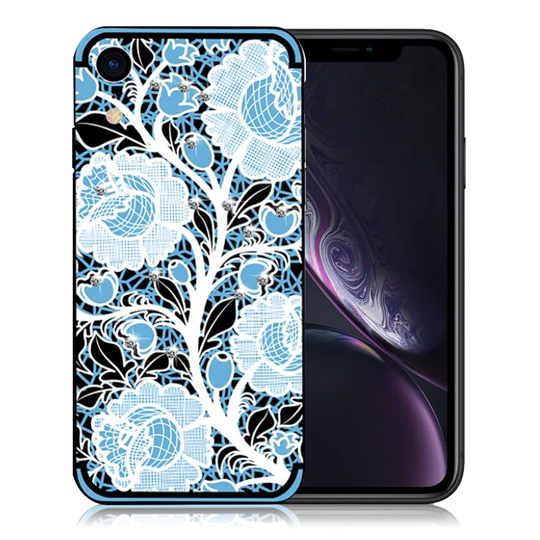 iPhone Xr pehmeä kukka kuviollinen silikooni muovinen suojakuori tekojalokivi koristeilla - Sininen