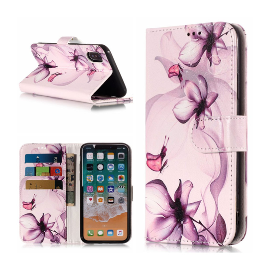 iPhone Xs Max kuviollinen synteetti nahkainen seisova lompakko suojakotelo - Violetti Kukka