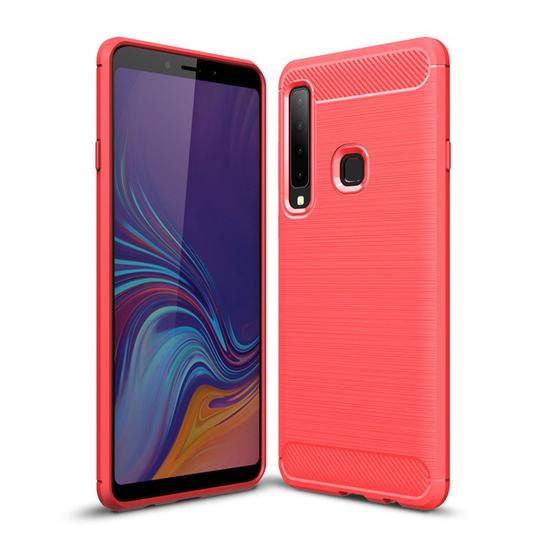 Samsung Galaxy A9 (2018) hiilikuitu harjattu pintainen silikooni muovinen takasuoja kuori - Punainen