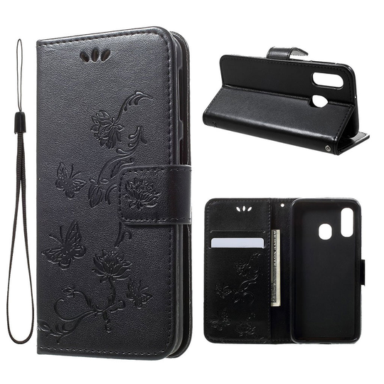 Samsung Galaxy A40 imprint butterfly leather case - Black