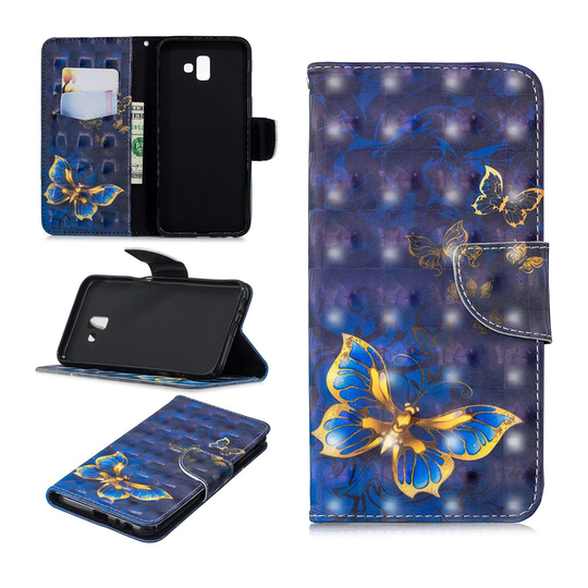 Samsung Galaxy J6 Plus (2018) kimalle koristeltu kuviollinen synteetti nahka lompakko suojakotelo - Siniset Perhoset