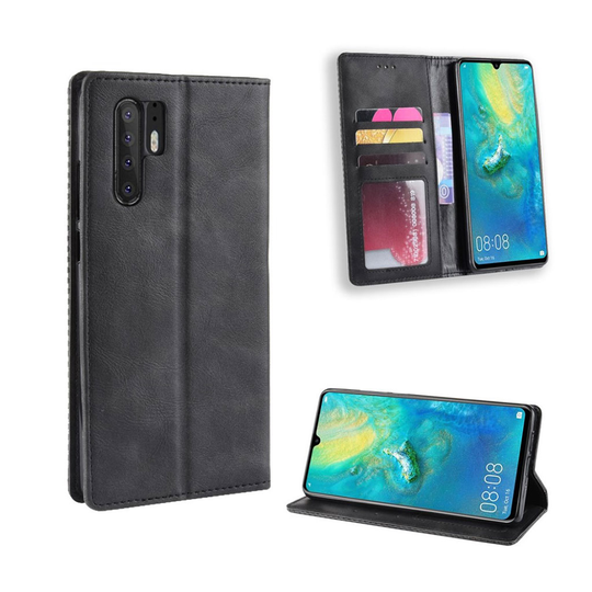 Huawei P30 Pro vintage tyylinen nahkainen flip suojakotelo - Musta