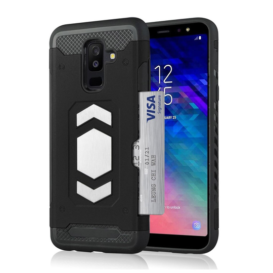 Samsung Galaxy A6 Plus (2018) Muovi Sekä Metalli takasuoja Kuori missä Magneetti Ja Kortti Paikka - Musta