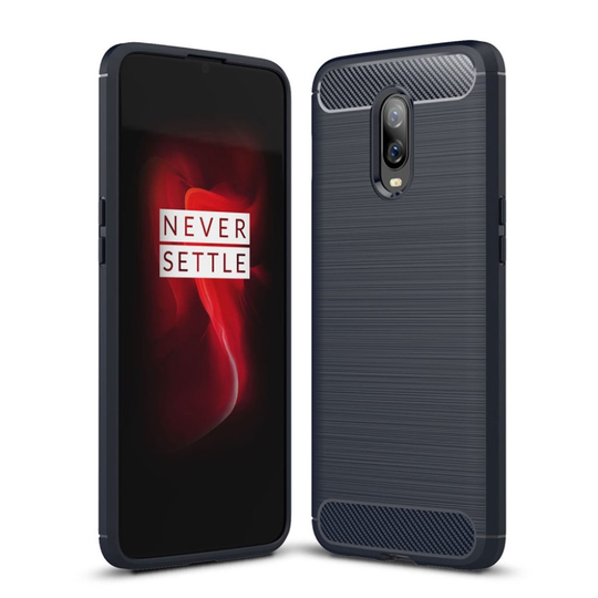 OnePlus 6T hiilikuitu harjattu silikooni muovinen takasuoja kuori - Tumman Sininen