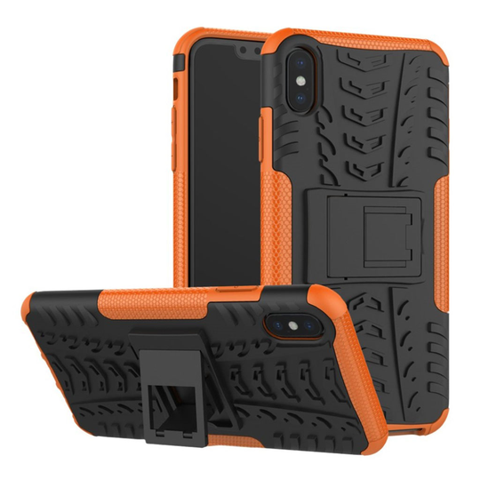 iPhone Xs Max Karu hybriidi muovinen takasuoja kuori jalkatuella - Oranssi