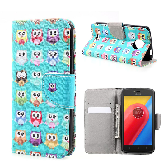 Motorola Moto C retro nahkakotelo - Sinisen taustan pöllöt