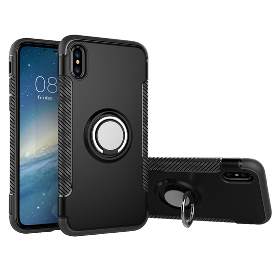 iPhone XS hiilikuitu harjattu hybriidi muovinen takasuoja kuori sormirenkaalla - Musta