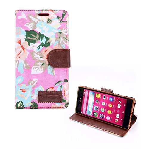 Sony Xperia Z3+ Nahkakotelo Korttitaskuilla - Pinkki Kukka Kuvio