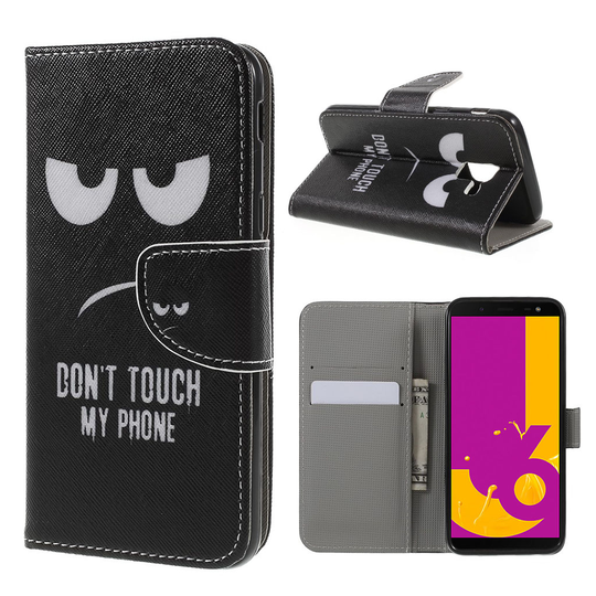 Samsung Galaxy J6 Kuvallinen Seisova PU Nahkinen Suojaava Lompakko Kotelo - Do Not Touch My Phone Teksti