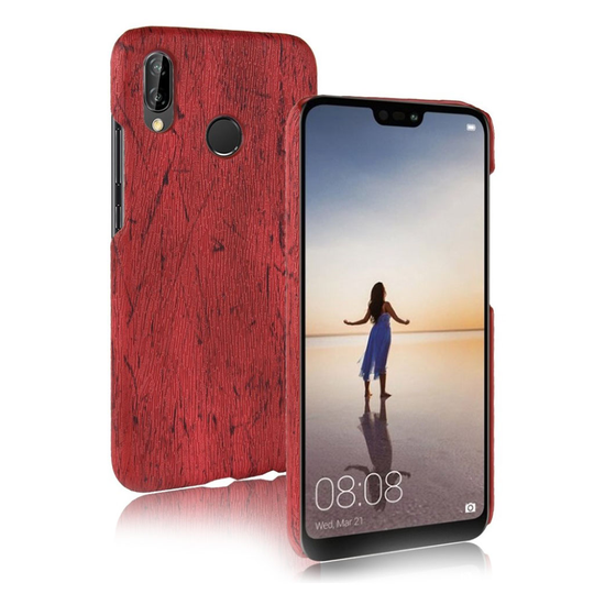 Huawei P20 Lite Puun Rakenne Pintainen Synteetti Nahkainen Muovi Takasuoja Kuori - Punainen