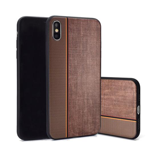 iPhone XS kaksisävyinen farkku kangas rakenne silikooni muovinen takasuoja kuori - Kahvi