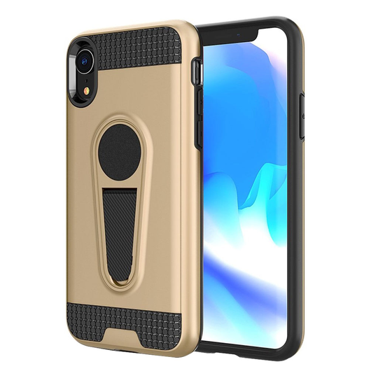 iPhone 9 Hiilikuitu Harjattu Hybriidi Muovinen Takasuoja Kuori Jalkatuella - Kulta