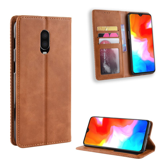 OnePlus 6T vintage Malli nahkainen flip suojakotelo - Ruskea