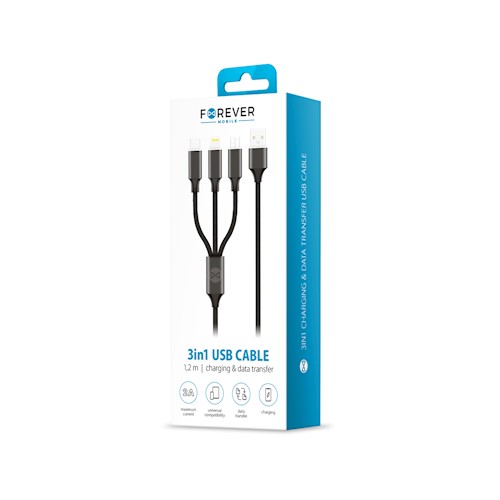 Forever USB 3in1 microUSB + Lightning + Type-C kaapeli 2A 1m - Musta