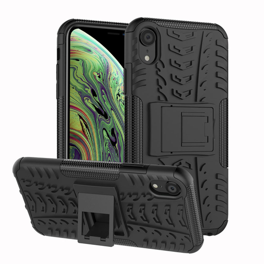 iPhone XS Liukuestoinen rengas pintainen hybriidi muovinen takasuoja kuori jalkatuella - Musta