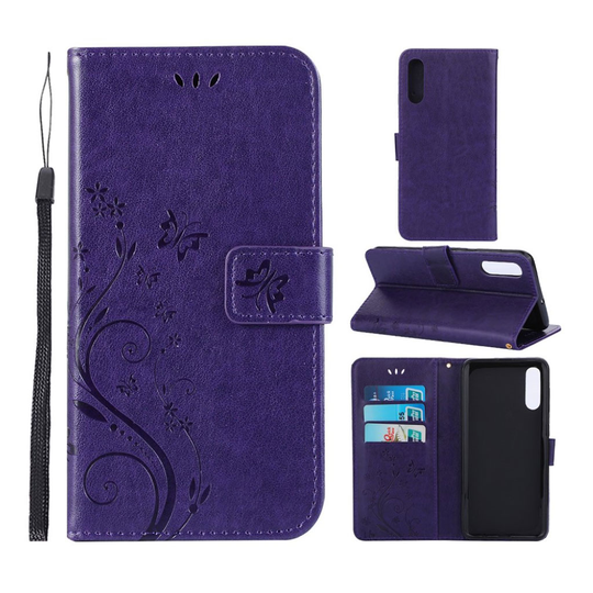 Samsung Galaxy A50 imprint butterfly flower leather case - Dark Purple