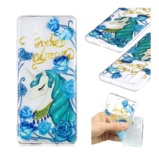 Huawei P30 Pro printtikuosi pehmeä suojakotelo - Yksisarvinen ja Sininen Kukka