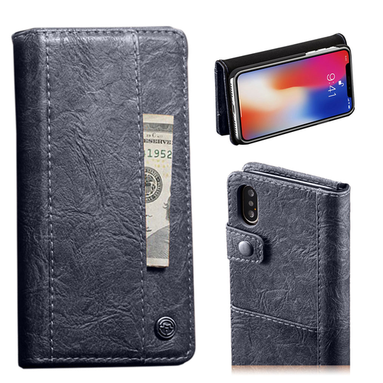 iPhone Xs Max CASEME vintage tyylinen synteetti nahkainen lompakko suojakotelo - Sininen