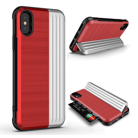 iPhone Xs Max ANGIBABE hybriidi muovinen takasuoja kuori salaisella kortti paikalla - Punainen/ Hopea
