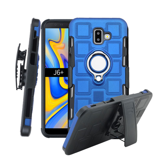 Samsung Galaxy J6 Plus (2018) hybriidi takasuoja kuori kuviollisesta muovista missä sormirengas ja vyöklipsi jalkatuki - Vaalean Sininen