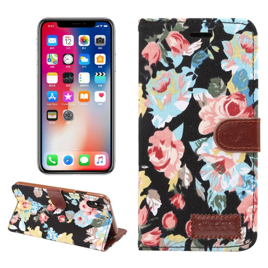 iPhone 9 Plus Kukka Kangas Pinnoitettu Synteetti Nahkainen Lompakko Suojakotelo - Musta