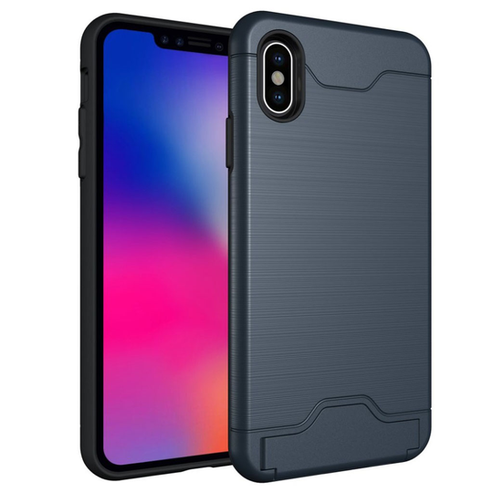 iPhone 9 Plus Harjattu Pintainen Hybriidi Muovinen Takasuoja Kuori Salaisella Korttipaikalla - Tumman Sininen