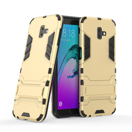 Samsung Galaxy J6 Plus (2018) iskukestävä takasuoja kuori jalkatuella - Kulta