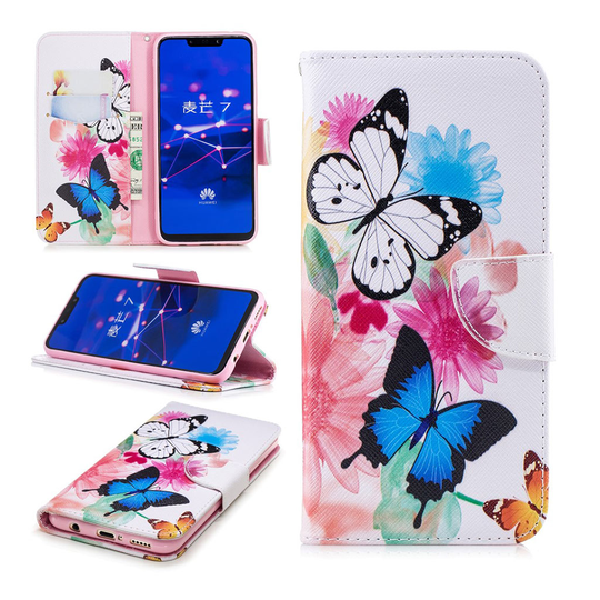 Huawei Mate 20 Lite seisova mallinen kuviollinen synteetti nahkainen lompakko suojakotelo - Värikkäät Perhoset