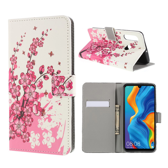 Huawei P30 Lite kuvioitu nahkainen flip suojakotelo - Persikankukka