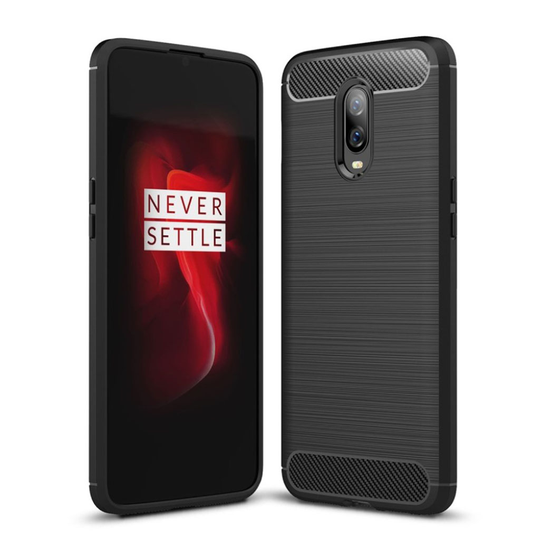 OnePlus 6T hiilikuitu harjattu silikooni muovinen takasuoja kuori - Musta