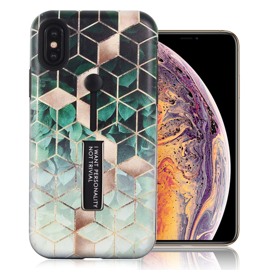 iPhone Xs Max vinoneliö kuviollinen hybriidi muovinen takasuoja kuori jalkatuella - Musta