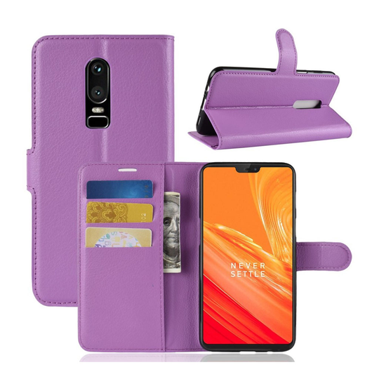 Oneplus 6 Liitsihedelmän Jyvä PU Nahka Lompakko Kuori - Violetti
