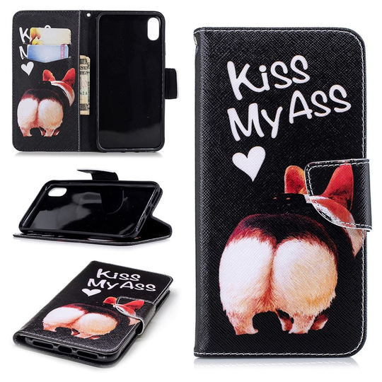iPhone Xs Max Synteetti Nahka Lompakko Kotelo Missä Kuviot - Kiss My Ass Teksti