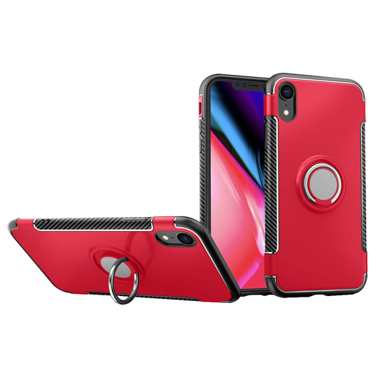 iPhone Xr Hiilikuitu harjattu hybriidi muovinen takasuoja kuori jalkatuella - Punainen