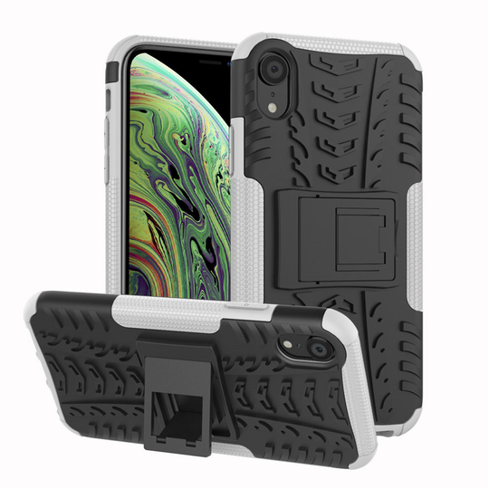 iPhone XS Liukuestoinen rengas pintainen hybriidi muovinen takasuoja kuori jalkatuella - Valkoinen