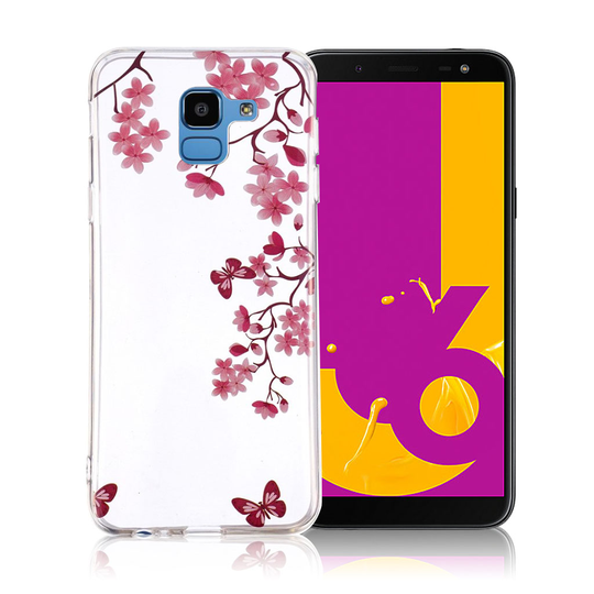 Samsung Galaxy J6 Kova TPU Kuviollinen Ohut Puhelimen Takasuoja Kuori - Pinkki Kukka Ja Perhonen