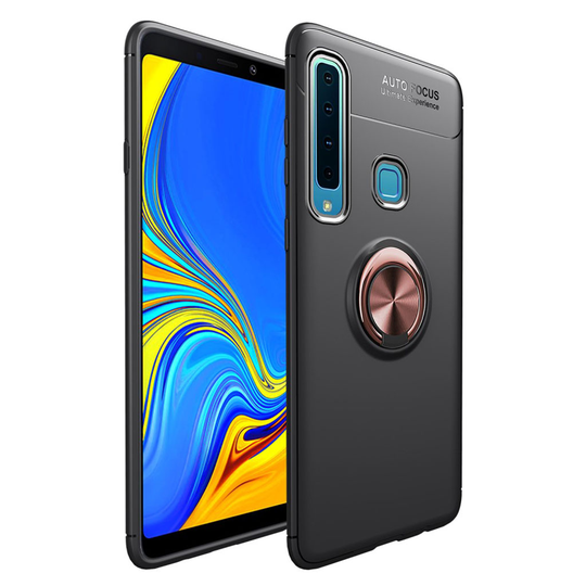 Samsung Galaxy A9 (2018) pehmeä muovinen takasuoja kuori sormirenkaalla ja magneetti metalli levyllä - Musta/ Ruusu Kulta