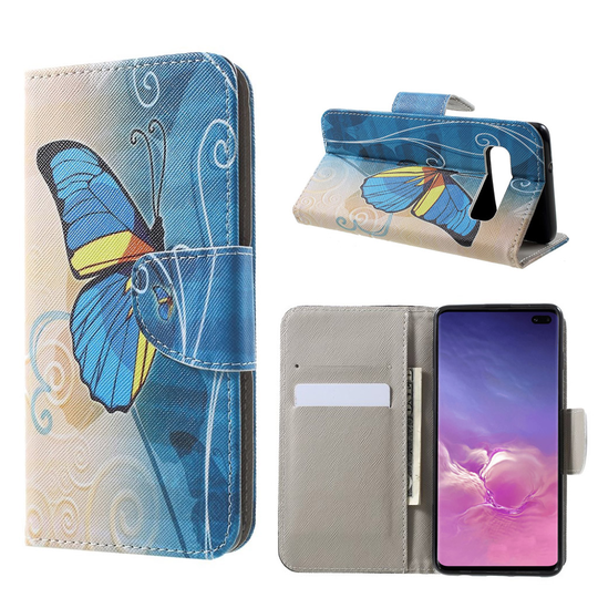 Samsung Galaxy S10 Plus risti pintainen nahkainen flip suojakotelo - Sininen Perhonen
