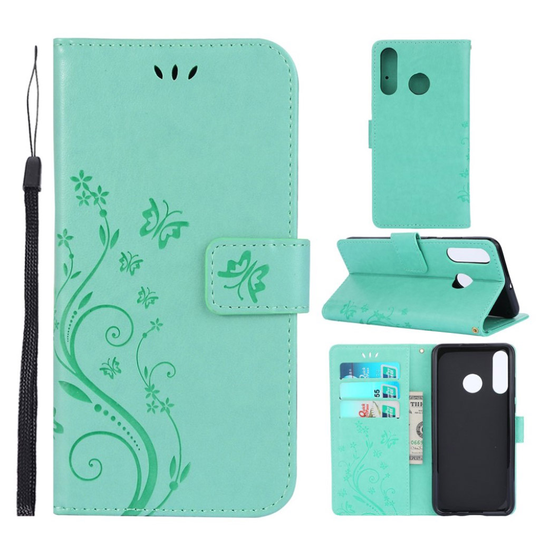 Huawei P30 Lite printti Perhonen Kukka nahkainen suojakotelo - Vihreä